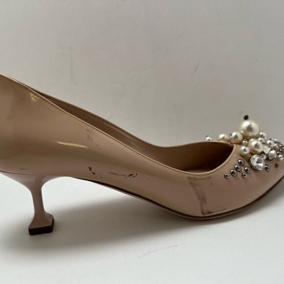Miu Miu Embellished Patent Leather Tan Pumps Pedestal Kitten Heel Beige Sz 36.5 - Picture 12 of 13